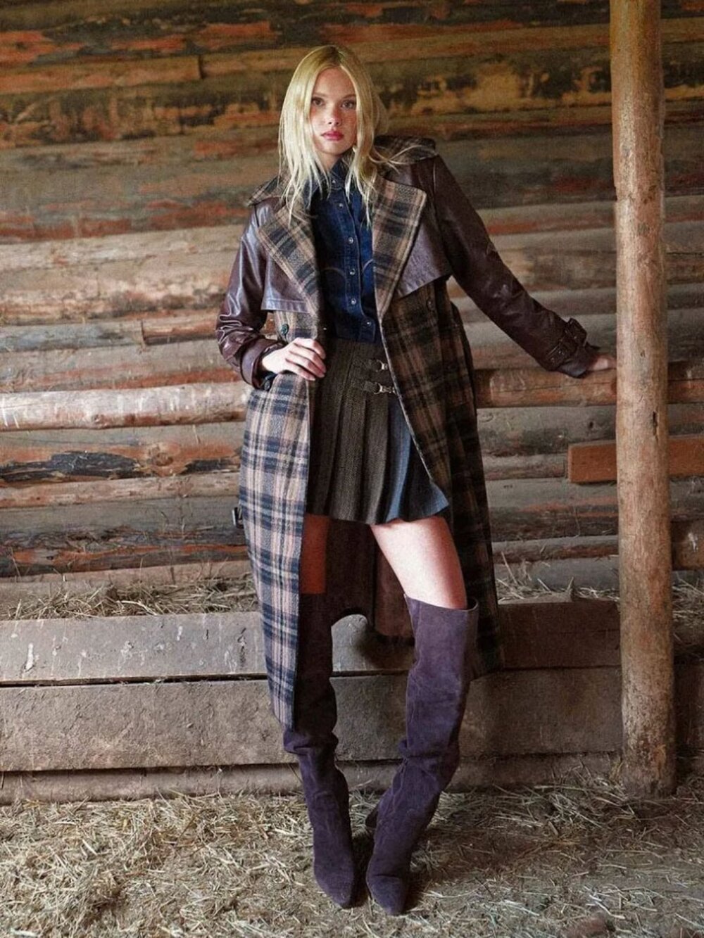 Avec Les Filles Plaid Faux-Leather Belted Double-breasted Trench Coat